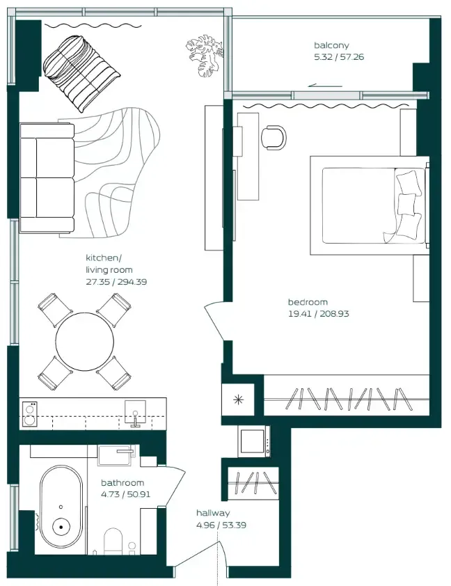 Vibe 1 bed floor plan, 744 sqft