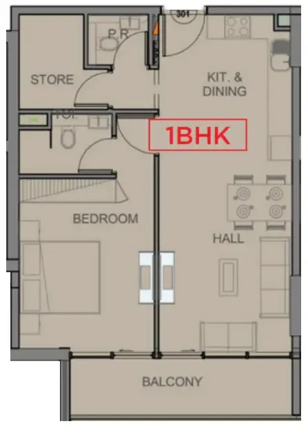 Casa Aura Residence 1 bed floor plan, 728 sqft