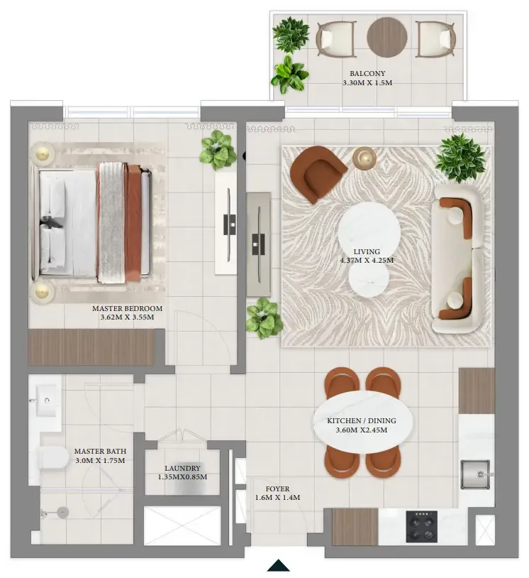 Vida Residences Hillside 1 bed floor plan, 735 sqft