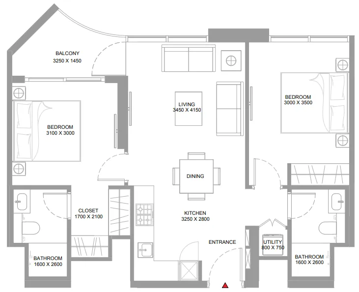 Pristine Beach Residences 2 bed floor plan, 785 sqft