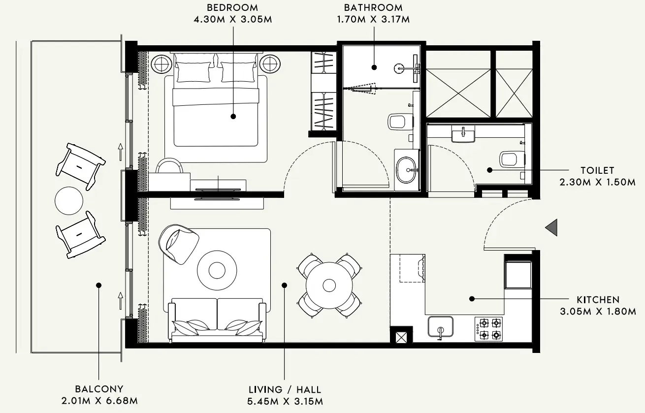 Azizi Venice 1 bed floor plan, 736 sqft