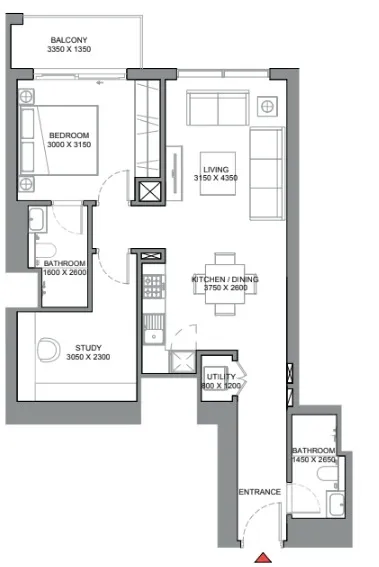 350 Riverside Crescent 1 bed floor plan, 843 sqft