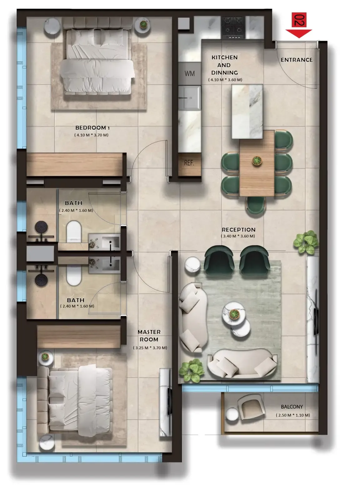 The Spark By Esnaad 2 bed floor plan, 877 sqft