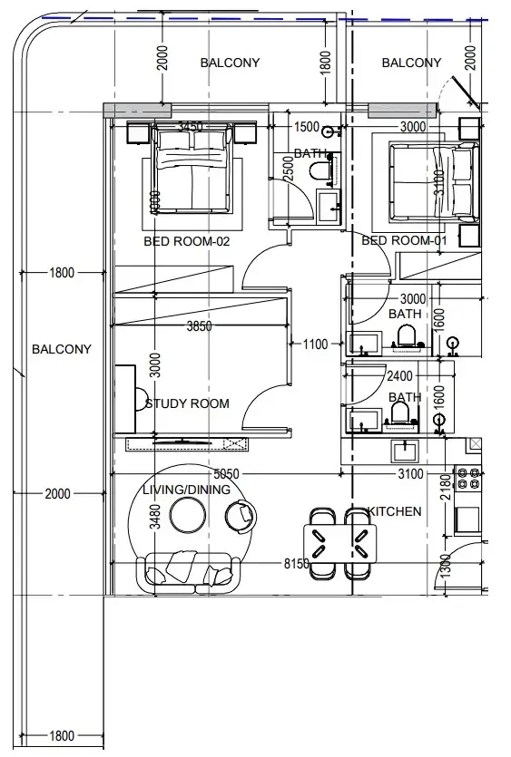 Al Haseen Residences 6 2 bed floor plan, 1,443 sqft