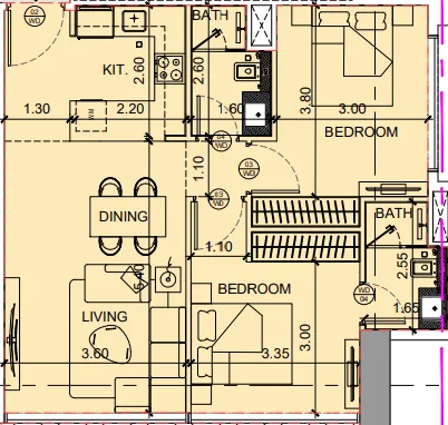 Binghatti Twilight 2 bed floor plan, 892 sqft