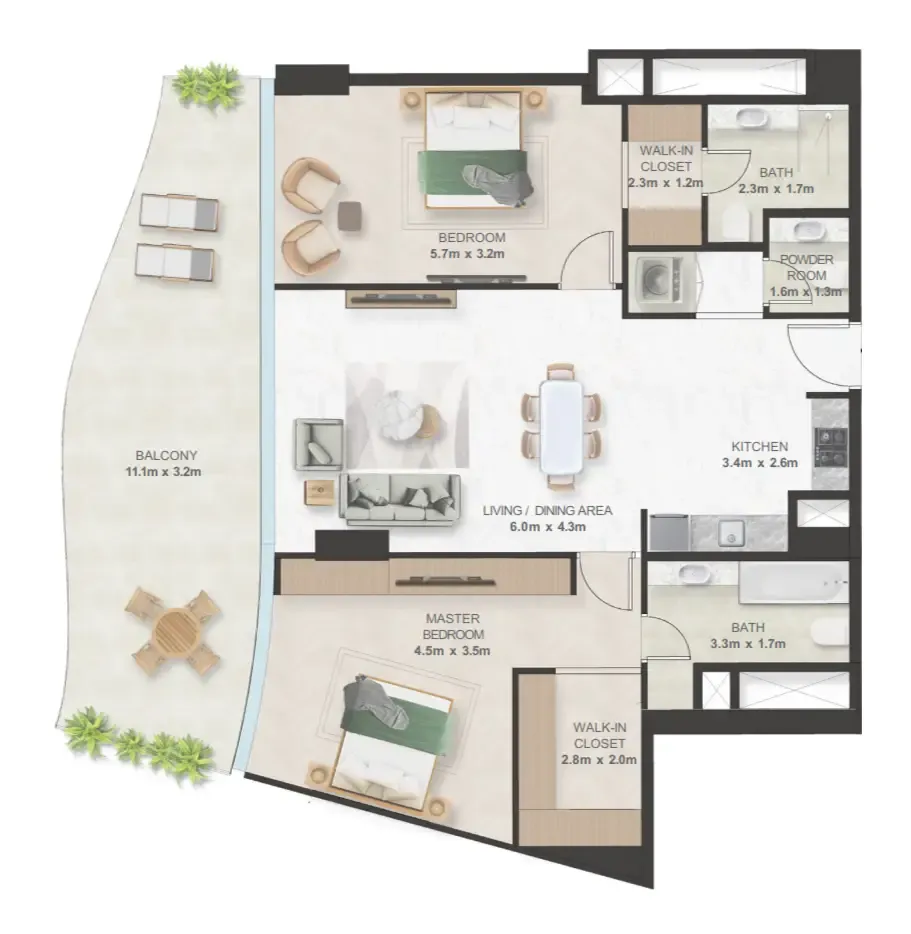 Oystra 2 bed floor plan, 1,481 sqft