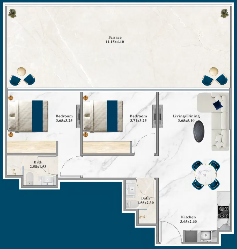 Serenz 2 bed floor plan, 1,174 sqft