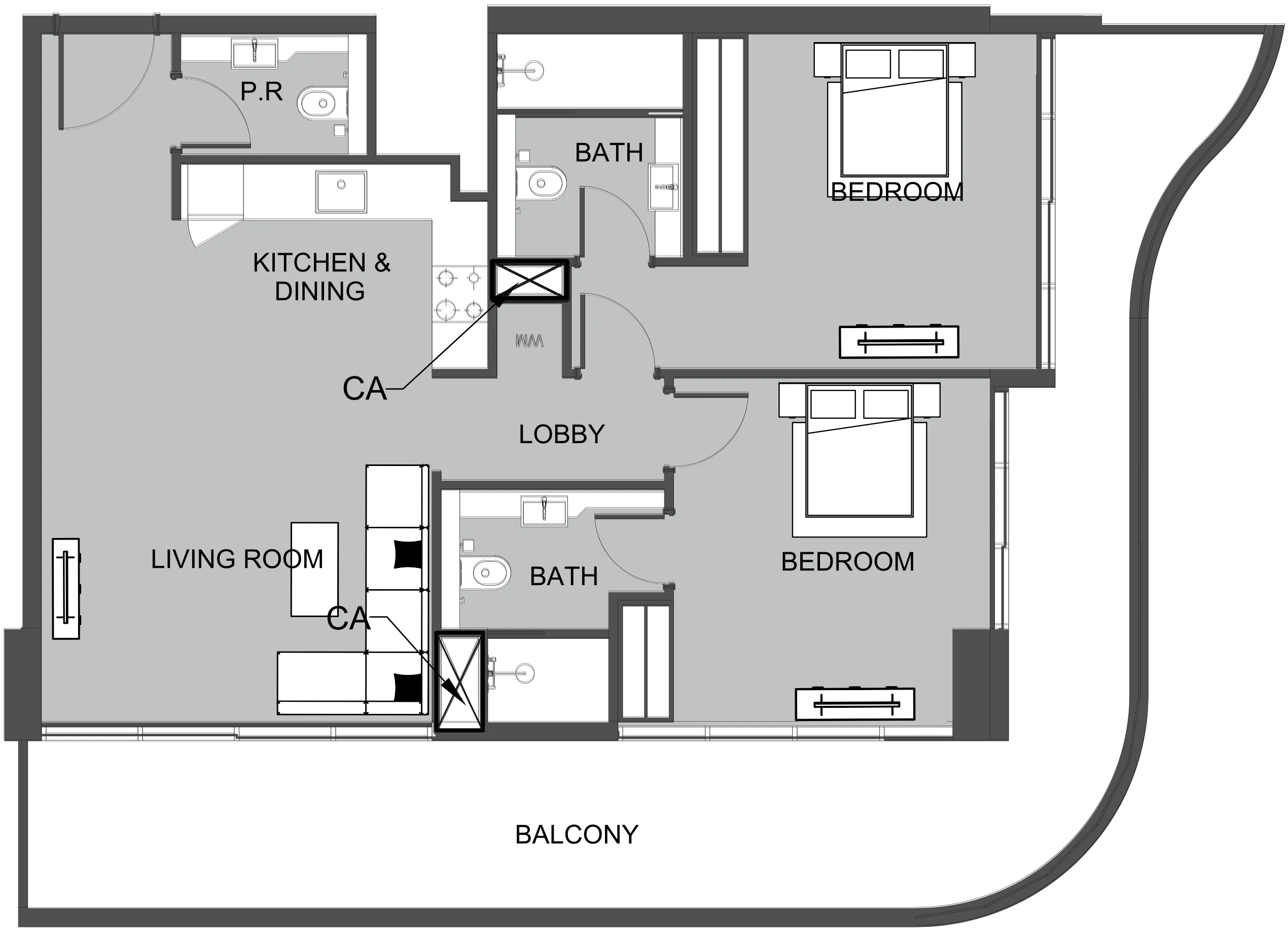 The Boulevard 2 bed floor plan, 1,214 sqft