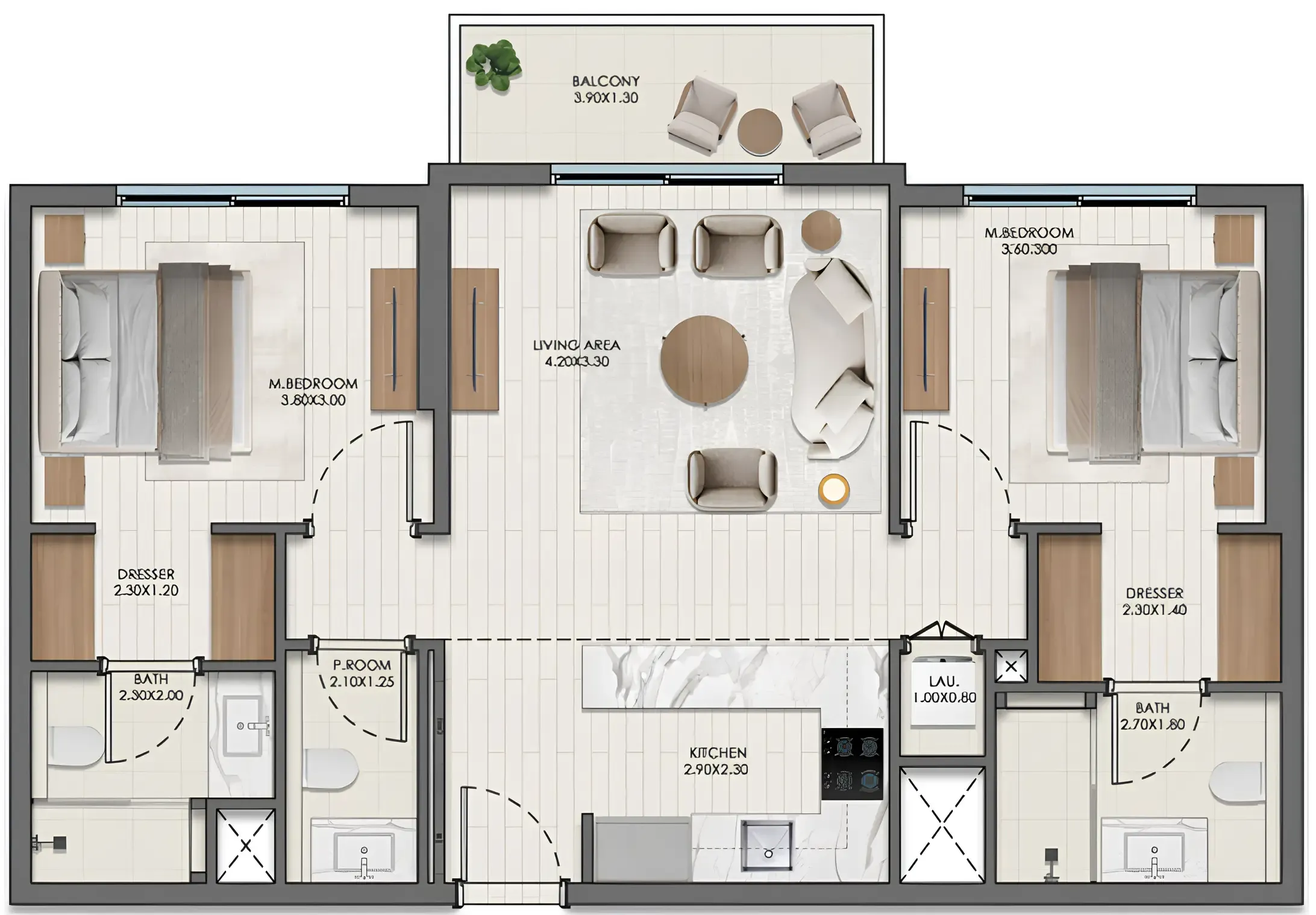 Evelyn on the Park 2 bed floor plan, 898 – 967 sqft
