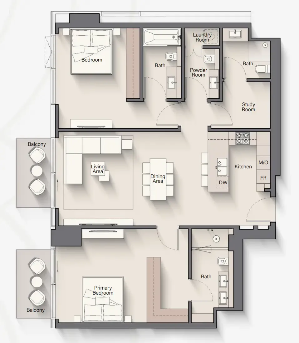Riverton House 2 bed floor plan, 1,368 sqft