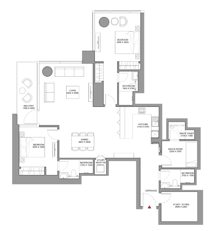 Skyscape 2 bed floor plan, 1,549 – 1,999 sqft
