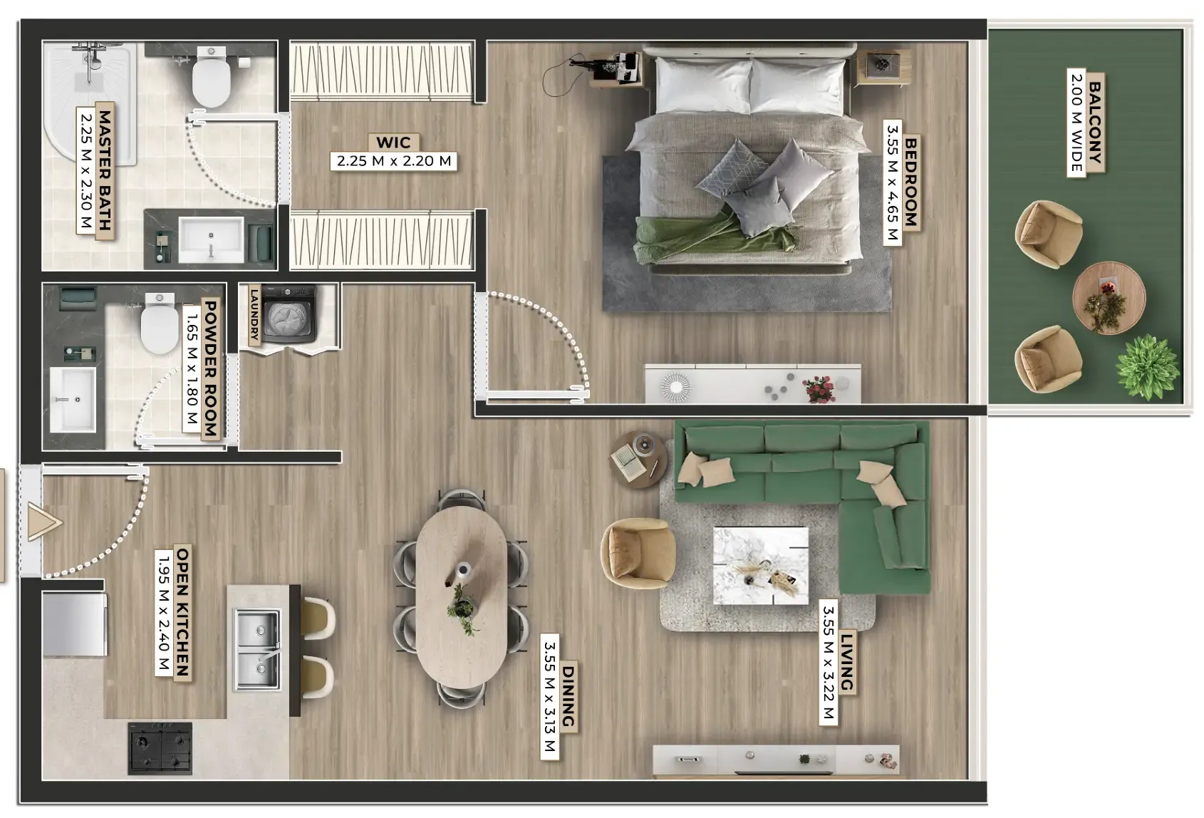 Firoza 1 bed floor plan, 822 sqft