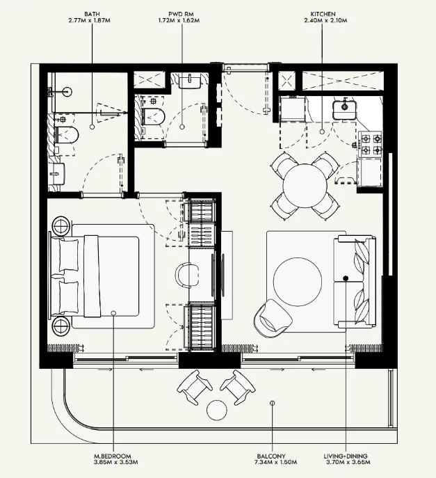 Azizi Venice 1 bed floor plan, 689 sqft
