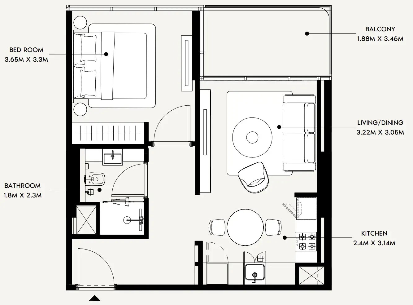 Creek Views 4 1 bed floor plan, 571 sqft