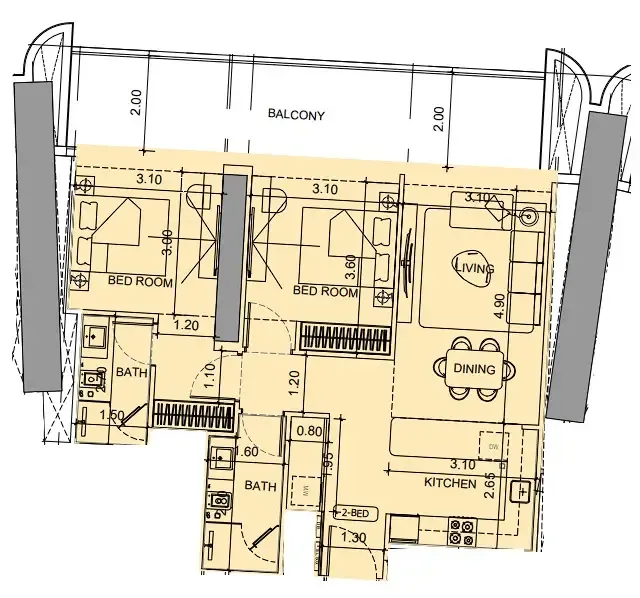 Vision Iconic 2 bed floor plan, 1,037 – 1,076 sqft