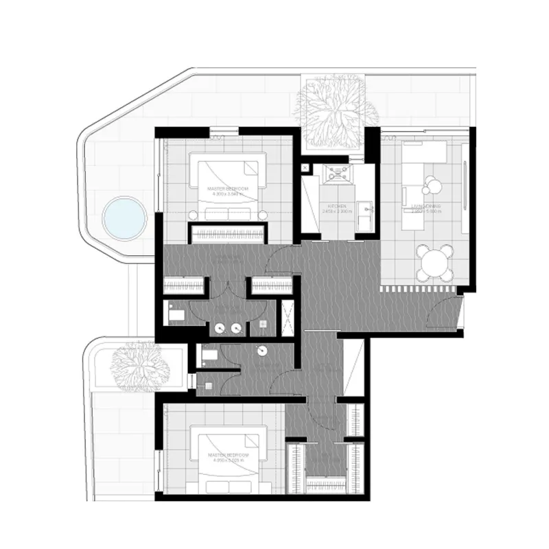 Marea Residences 2 bed floor plan, 1,399 – 1,486 sqft