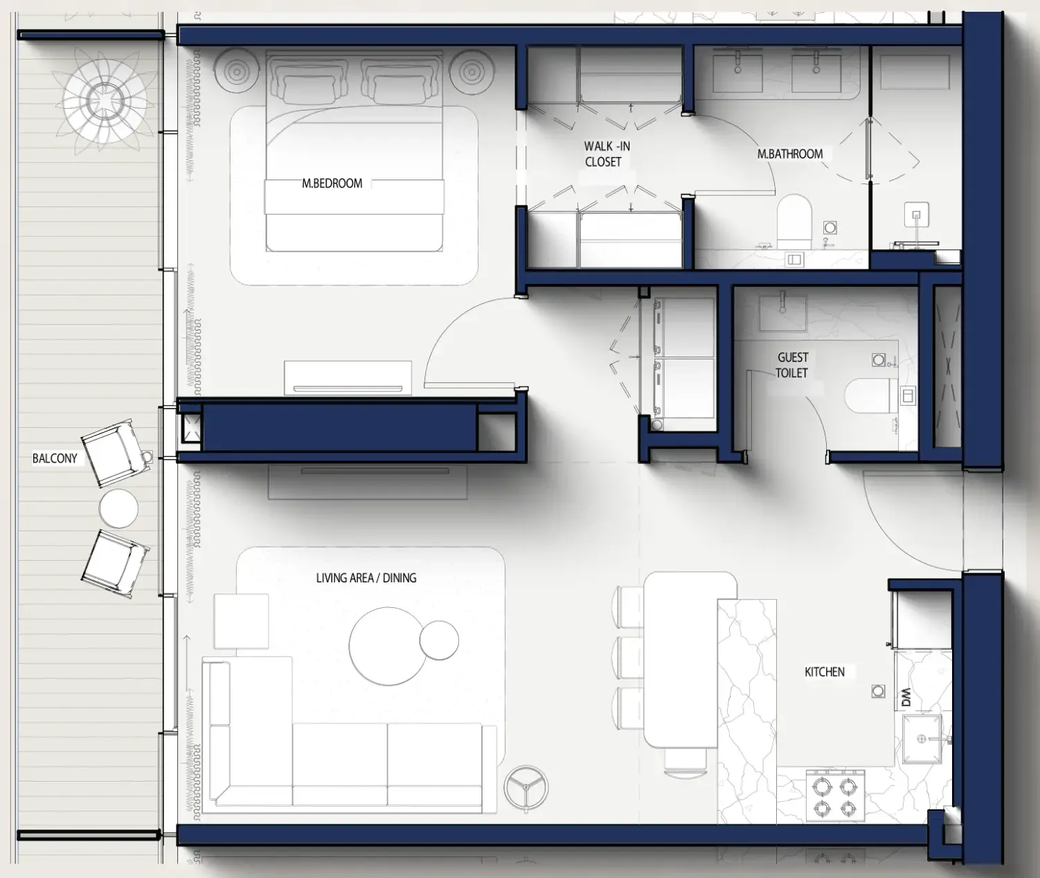 Hilton Residences 1 bed floor plan, 849 sqft
