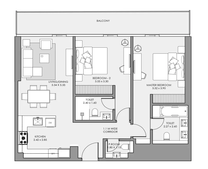 Mar Casa 2 bed floor plan, 1,140 – 1,190 sqft