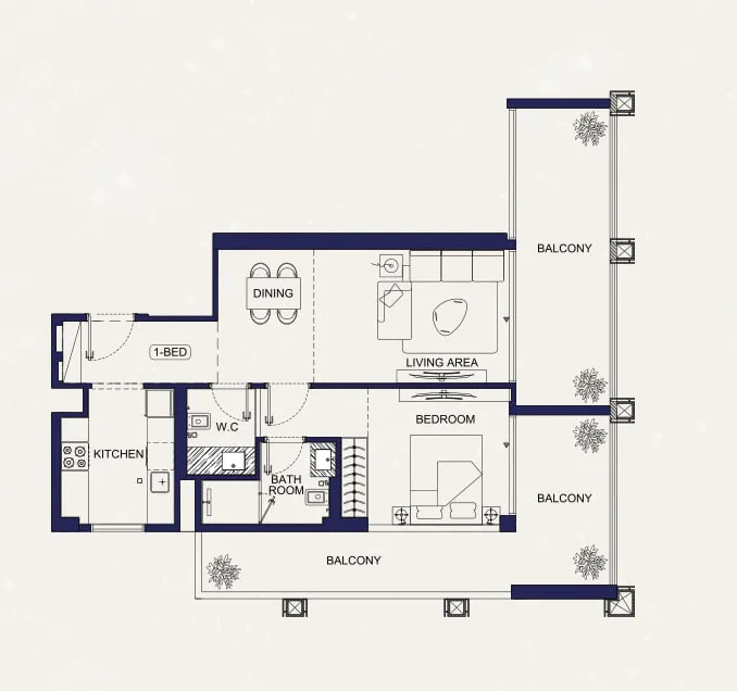 Binghatti Starfall 1 bed floor plan, 1,006 sqft