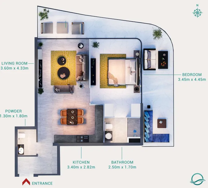 Milos 1 bed floor plan, 992 sqft