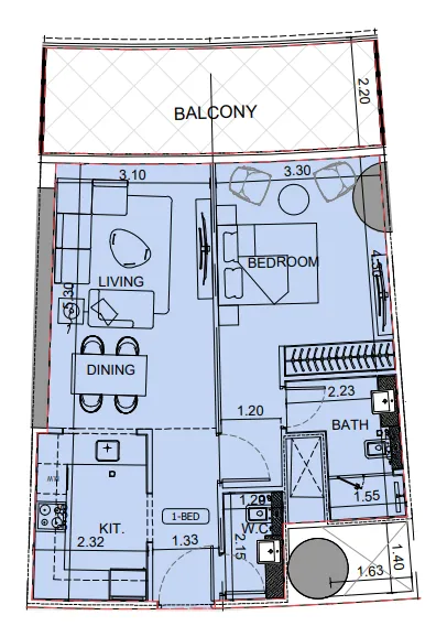 Binghatti Aquarise 1 bed floor plan, 813 sqft