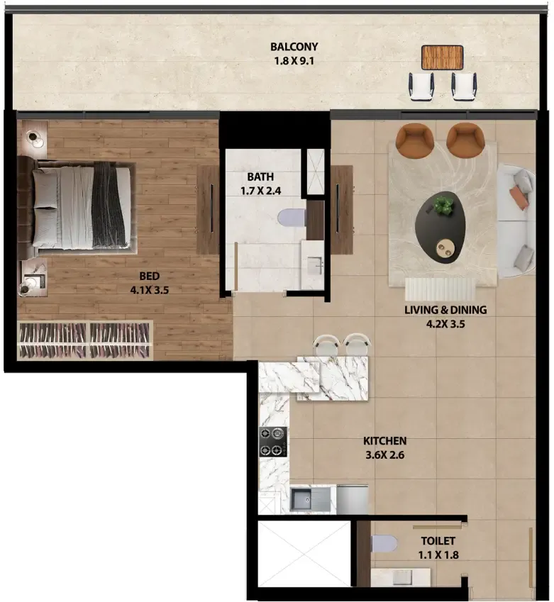 Marquis One 1 bed floor plan, 791 sqft