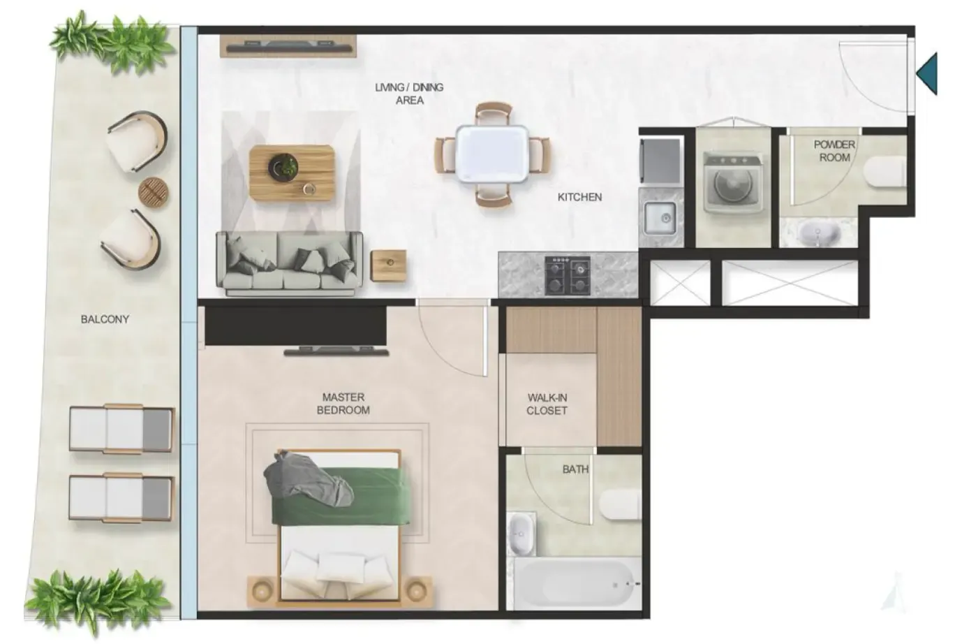 Oystra 1 bed floor plan, 765 sqft