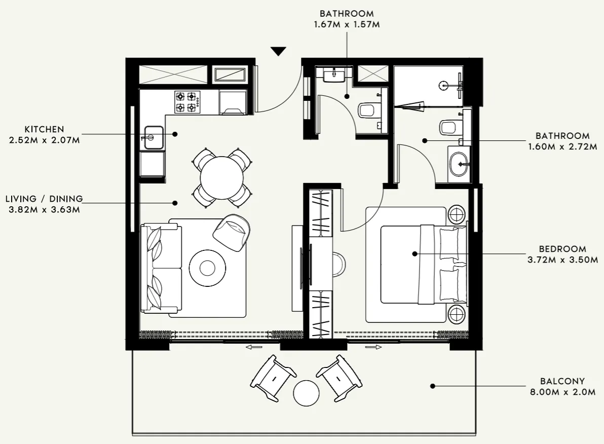 Azizi Venice 1 bed floor plan, 722 sqft