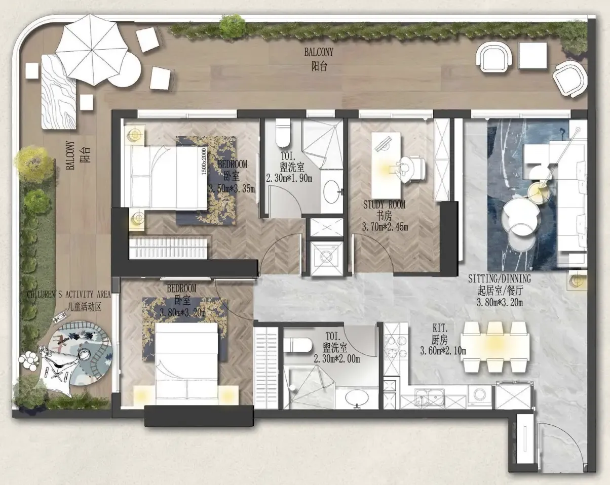 Forest City 2 2 bed floor plan, 1,418 sqft
