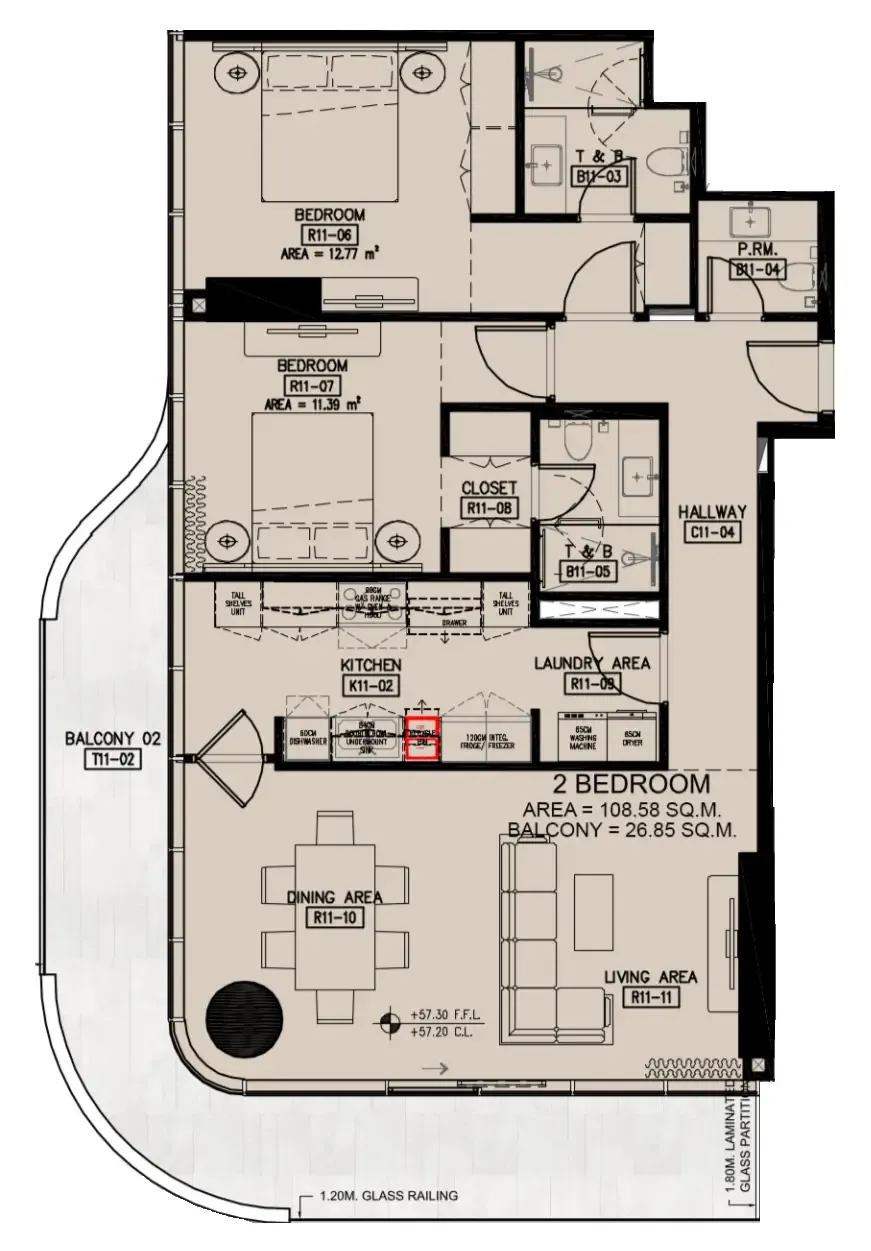 Azha Millennium Residences 2 bed floor plan, 1,458 sqft