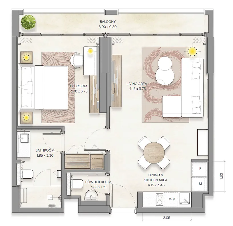 Bloom Arjaan by Rotana  1 bed floor plan, 726 – 739 sqft