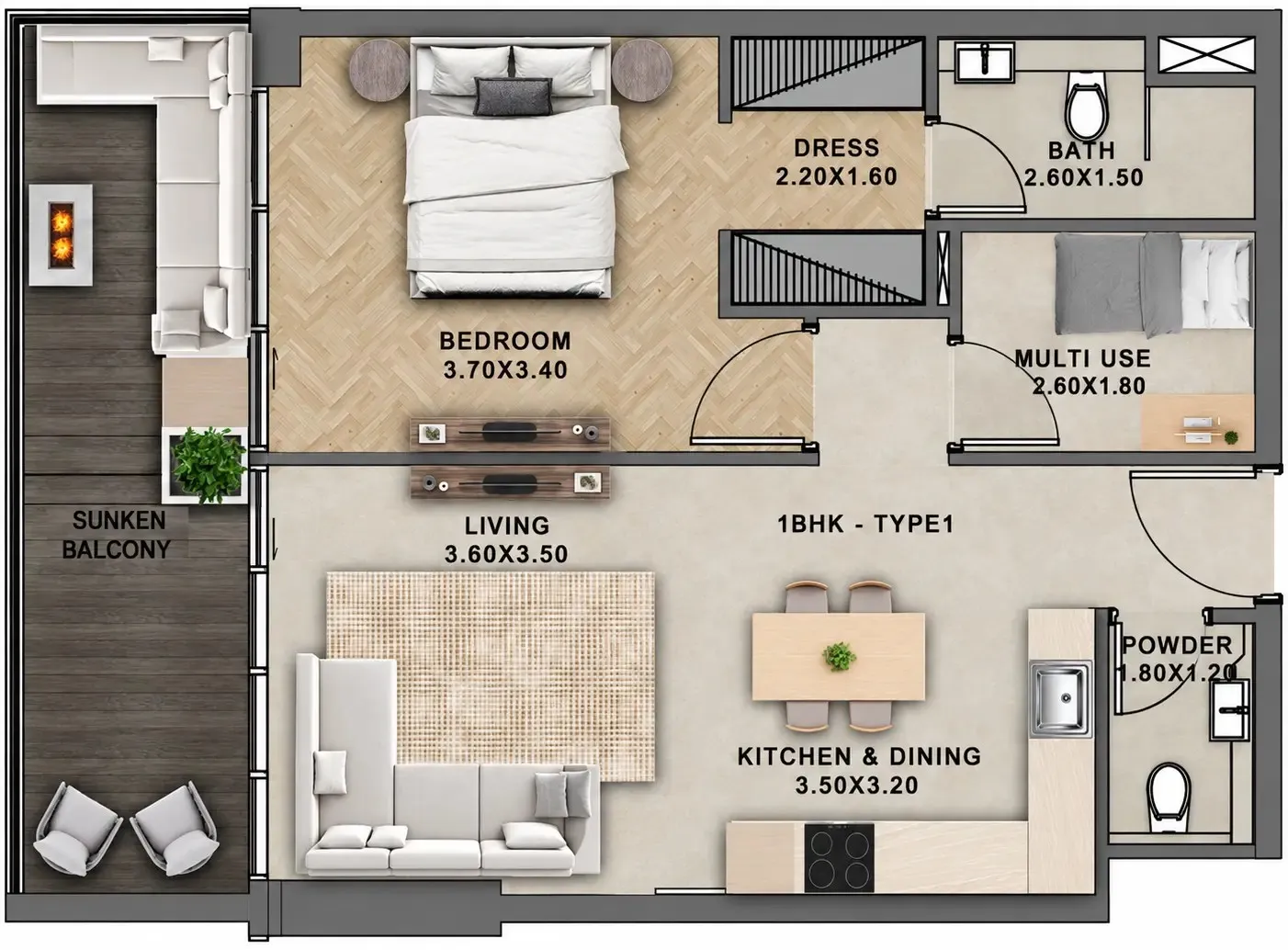 Reef 999 1 bed floor plan, 806 sqft