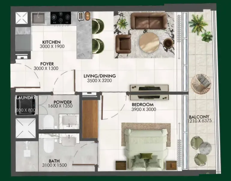 Enchante 1 bed floor plan, 541 sqft