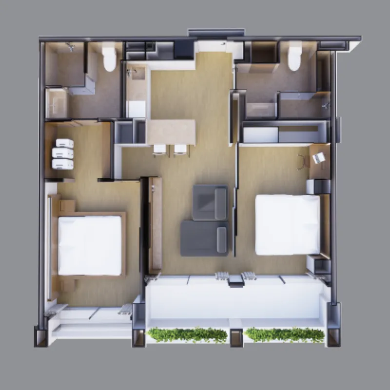 Terra Grove Layan 2 bed floor plan, 872 – 1,109 sqft
