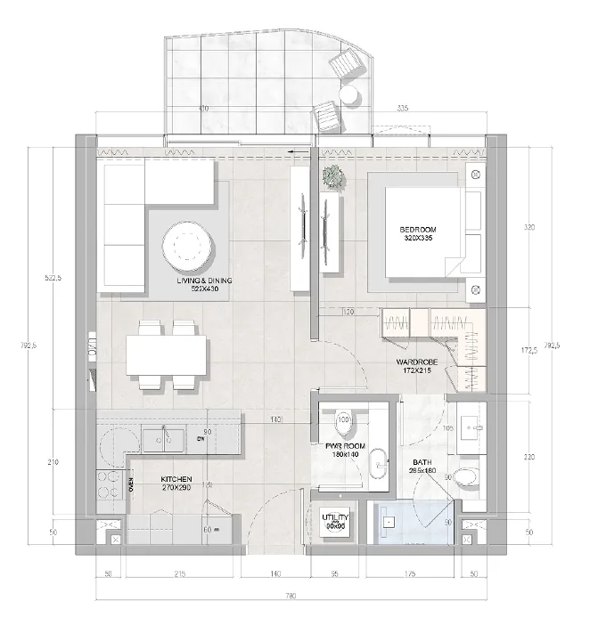 Solera Downtown Mina 1 bed floor plan, 801 sqft
