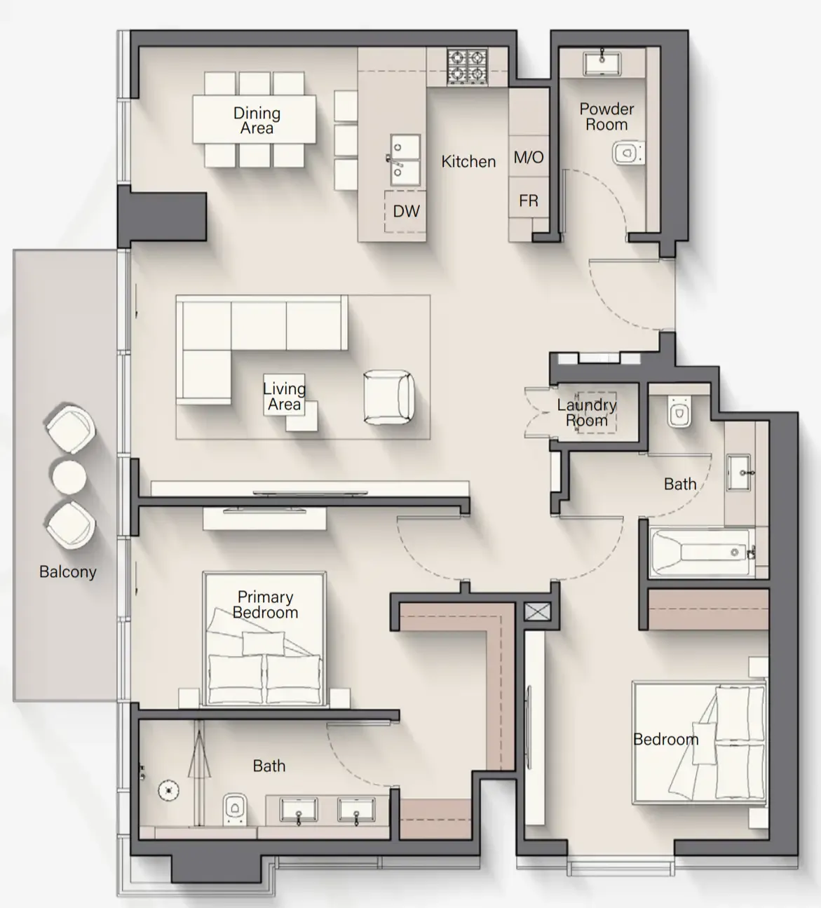 Riverton House 2 bed floor plan, 1,206 – 1,213 sqft
