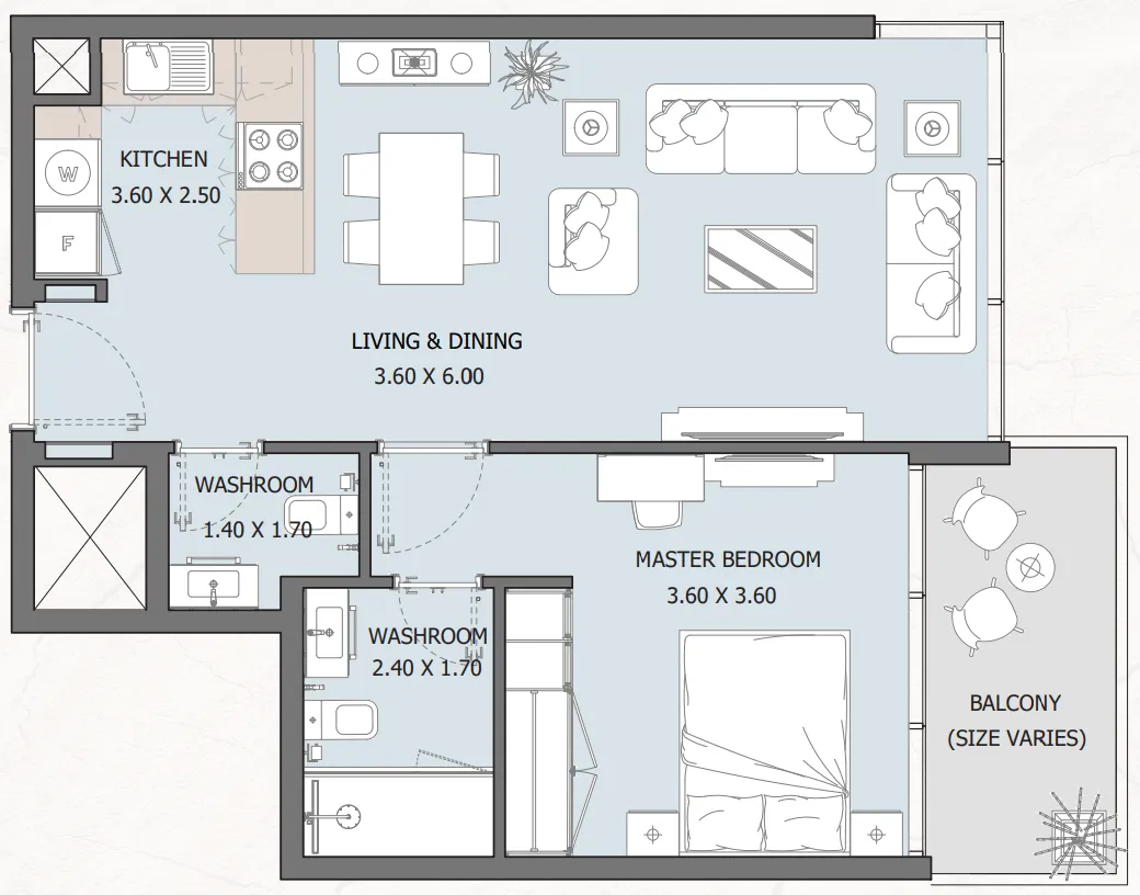 Verdana Residence 2 1 bed floor plan, 662 – 666 sqft