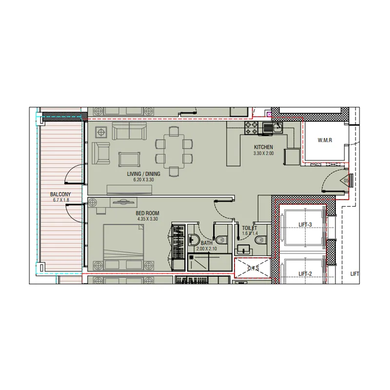 Al Waleed W.S 1 1 bed floor plan, 847 – 856 sqft
