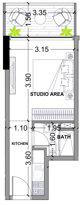 Celesto 3 Studio floor plan, 303 – 312 sqft