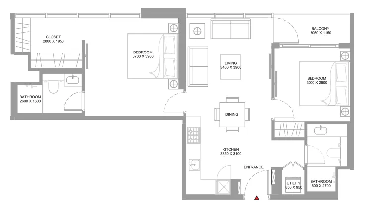 Starline Beach Residences 2 bed floor plan, 839 sqft