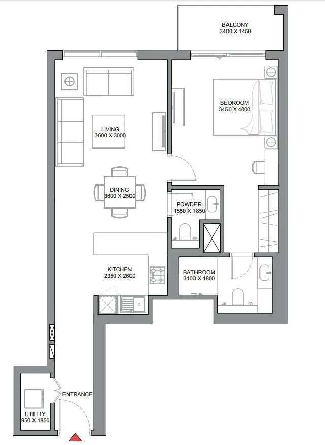 330 Riverside Crescent 1 bed floor plan, 846 sqft