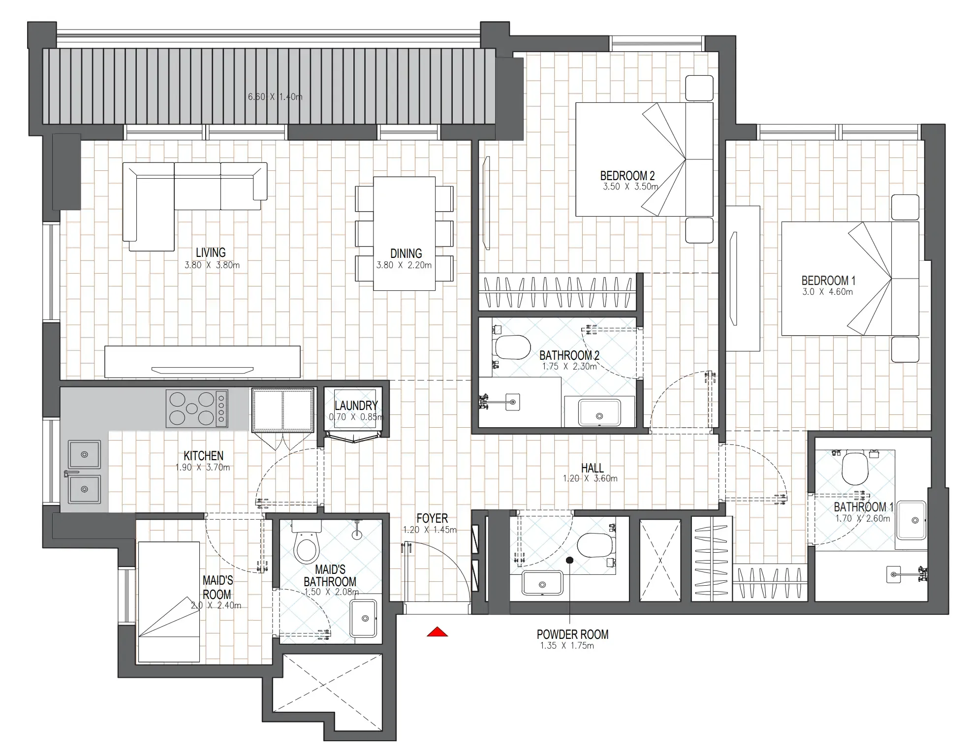 Olfah 2 bed floor plan, 1,259 sqft
