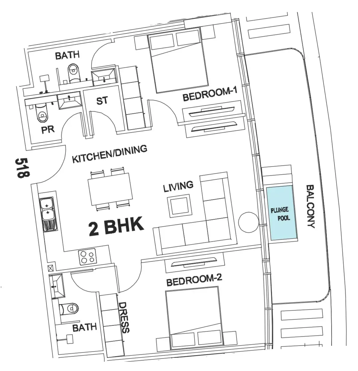 Villa Del Garda 2 bed floor plan, 1,071 sqft