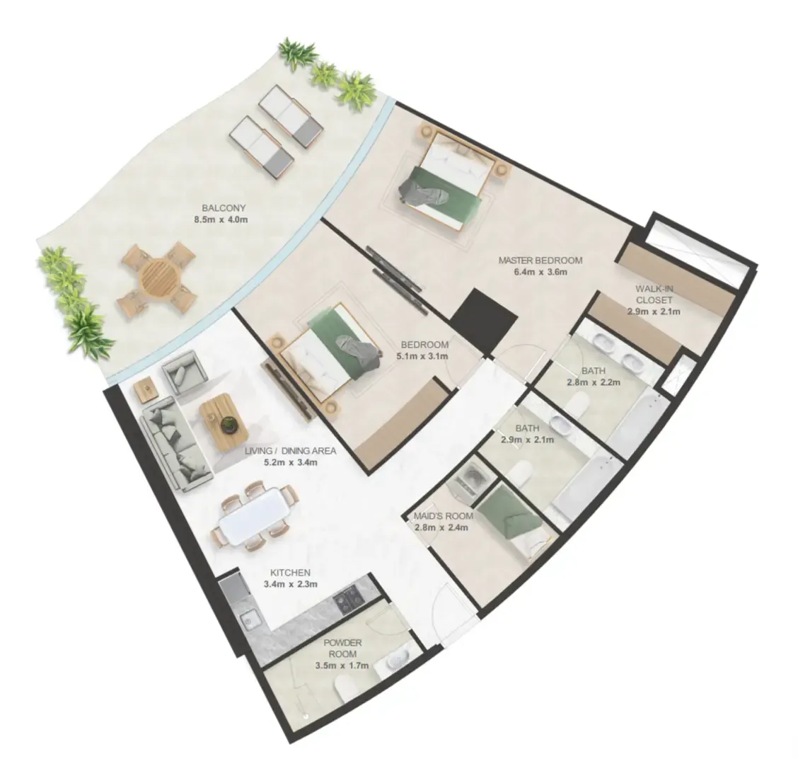 Oystra 2 bed floor plan, 1,718 sqft