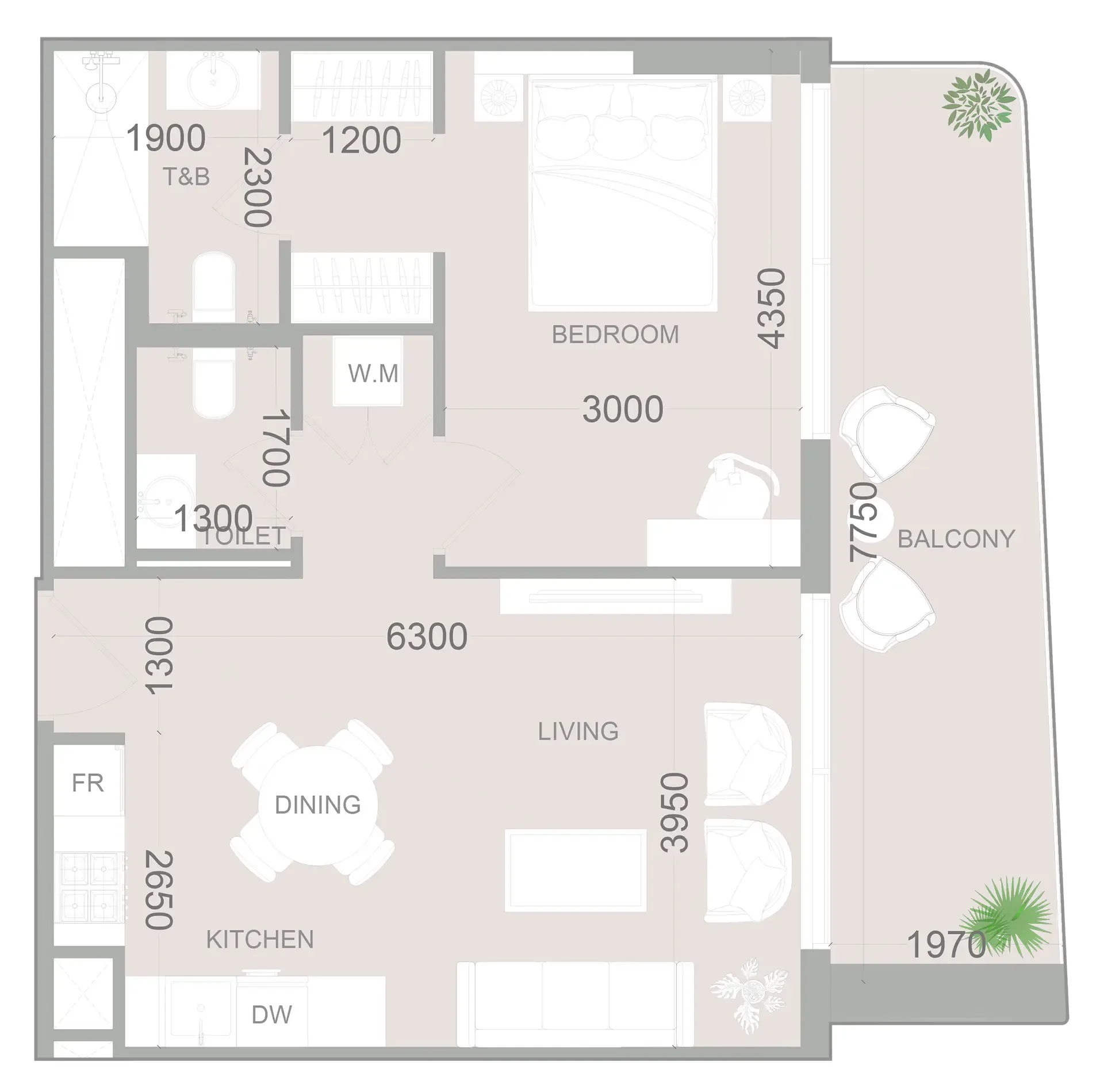 ELAR1S Sky 1 bed floor plan, 734 sqft