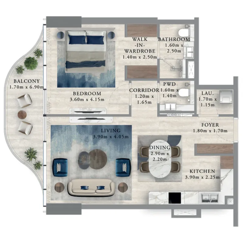 Royal Yacht Club Residence 1 bed floor plan, 838 sqft