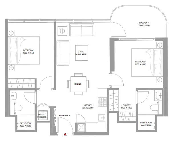 Bayside Marina Residences 2 bed floor plan, 808 sqft