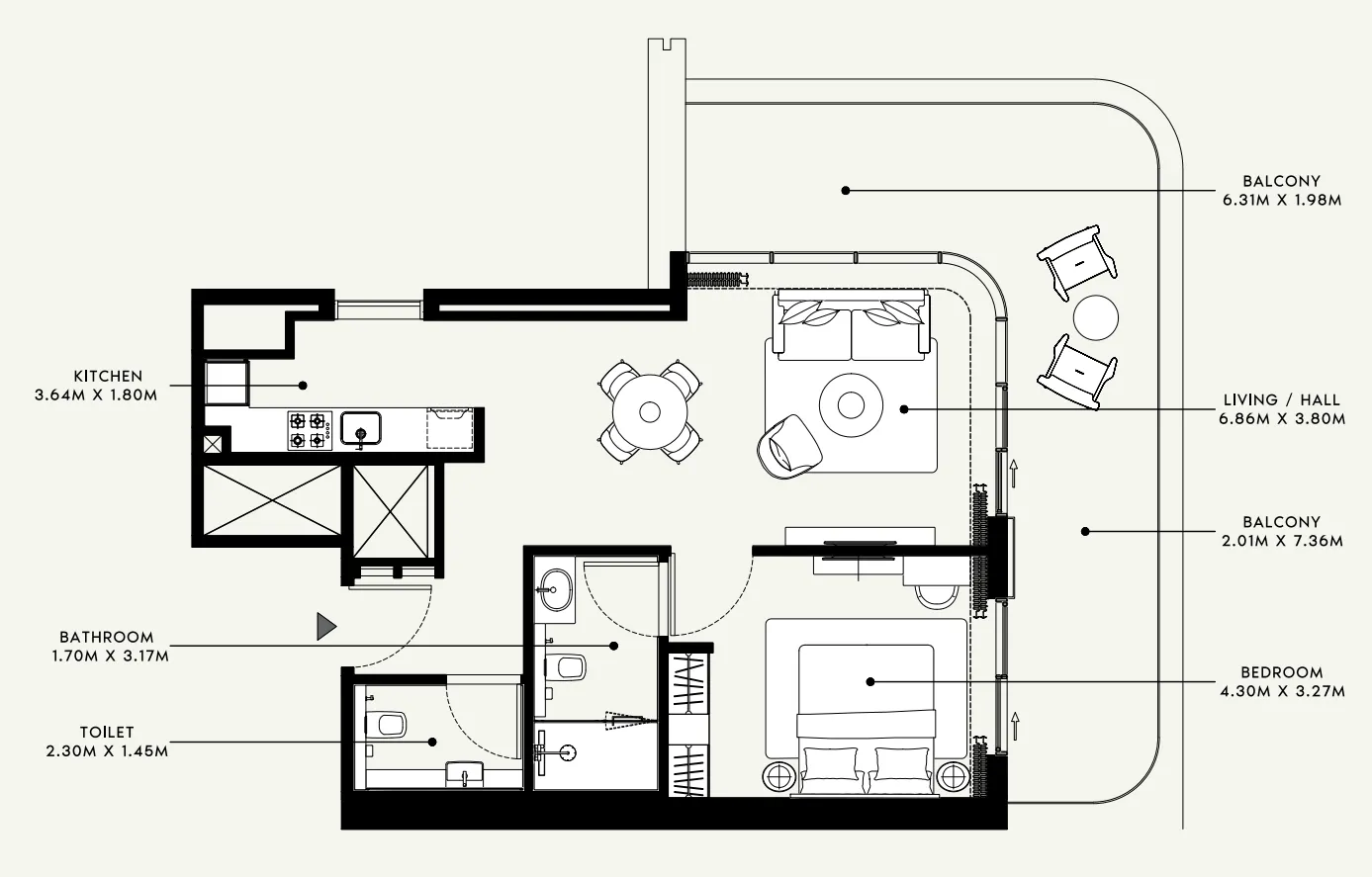 Azizi Venice 1 bed floor plan, 1,005 sqft
