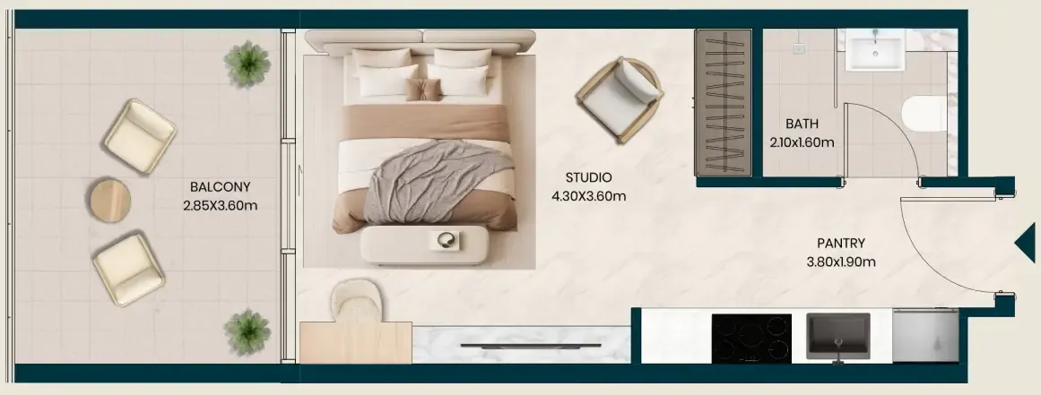 Kyomi Residences Studio floor plan, 424 sqft