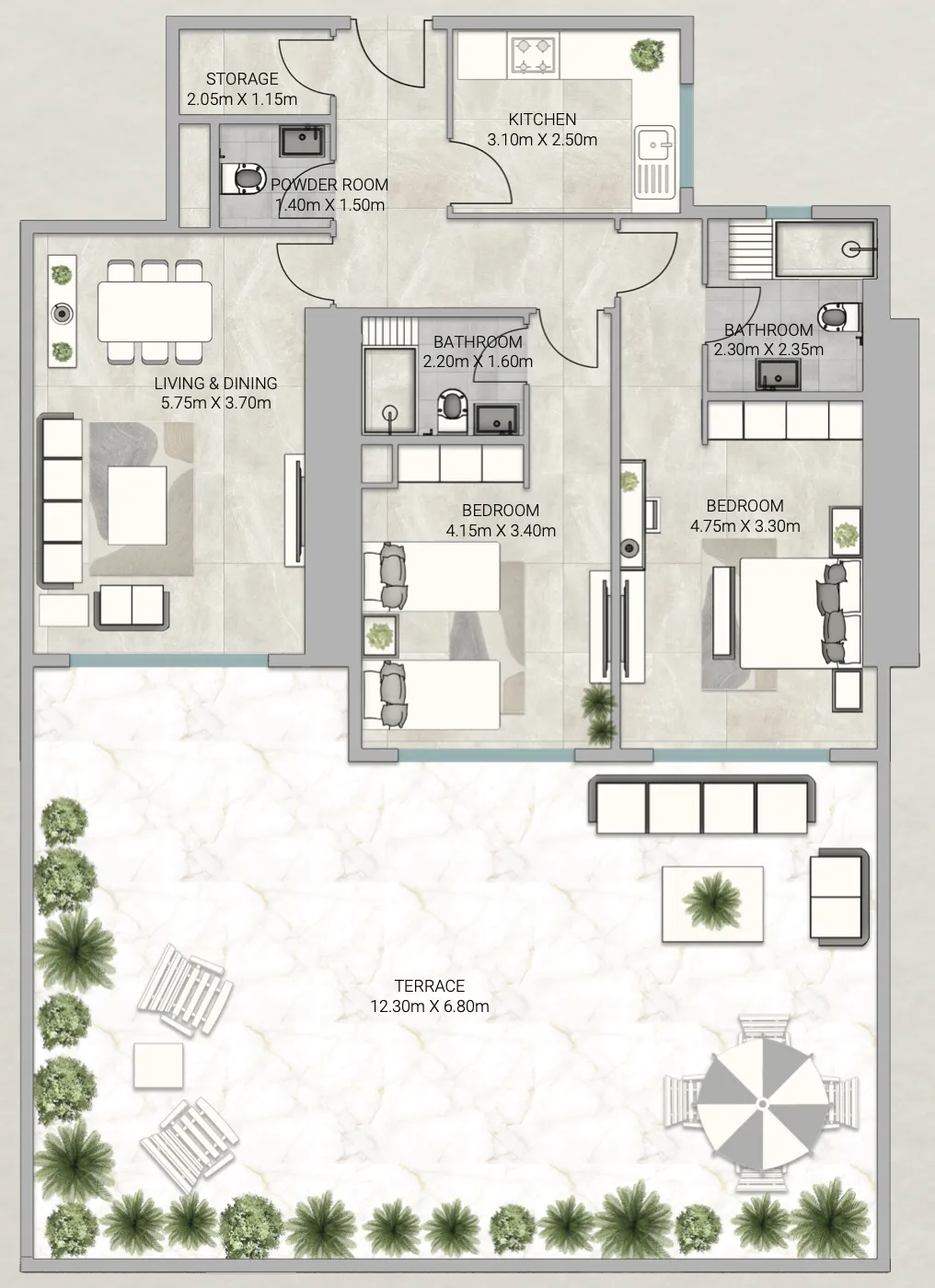 Sky Gardens Tower 2 bed floor plan, 2,725 sqft